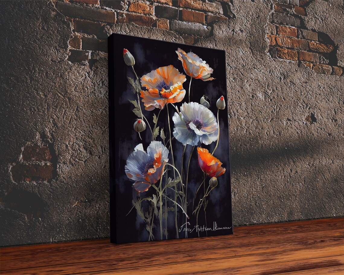 Orange White Poppy Flowers Moody Black Background Floral Oil Poster - Image 2