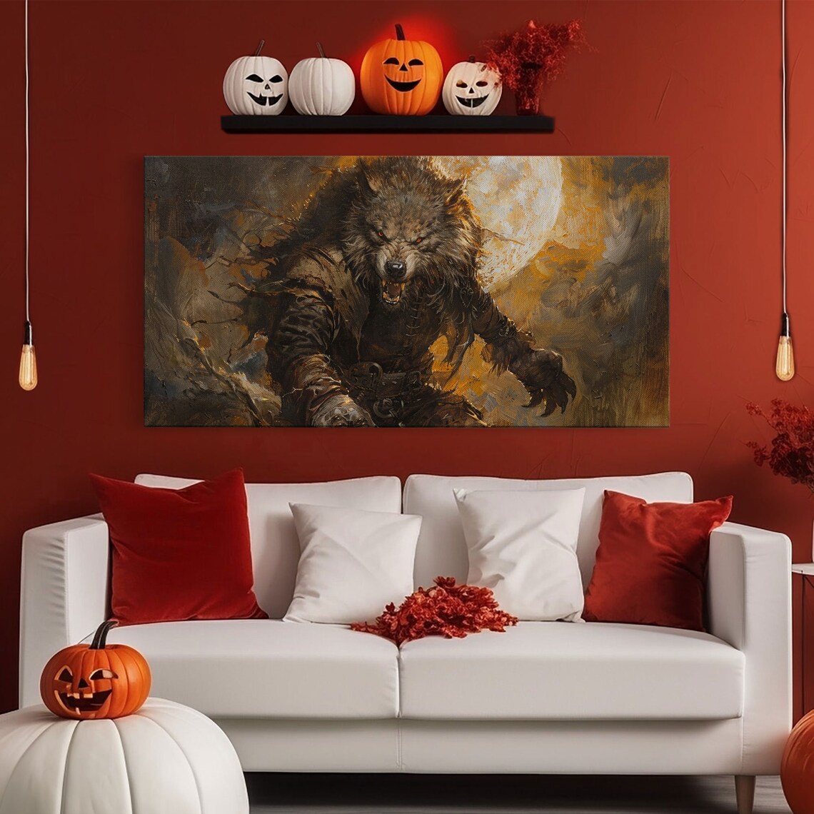 Fierce Werewolf Portrait Under Full Moon Dark Academia Oil Print