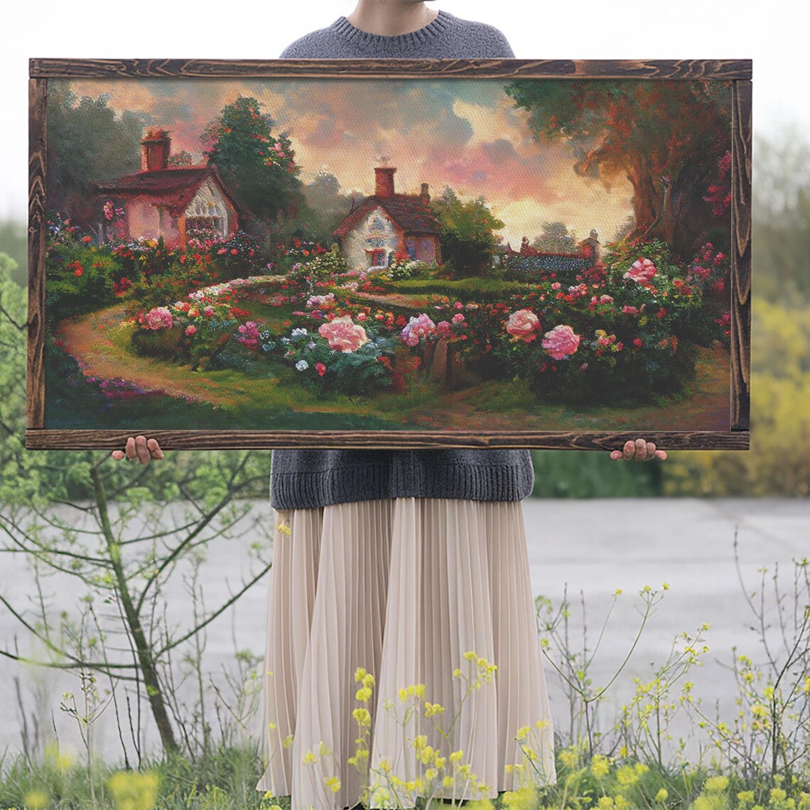 English Cottage Rose Garden Sunset Blooming Flowers Country Art Poster - Image 2