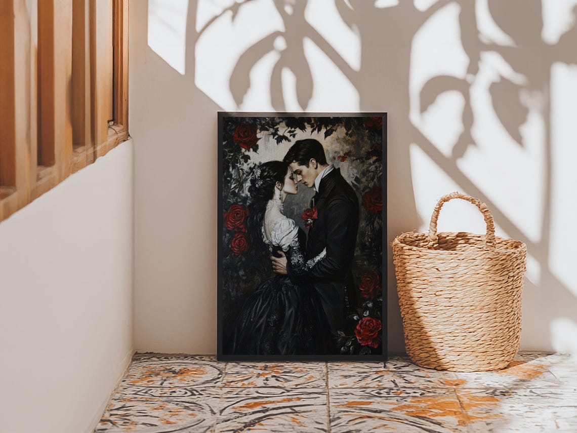 Gothic Romantic Couple Embrace Among Red Roses Dark Wall Art Print - Image 4