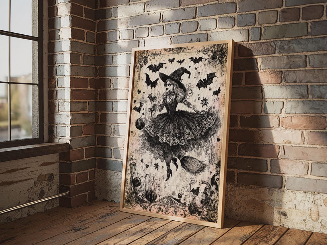 Vintage Witch With Bats Storybook Gothic Halloween Art Print