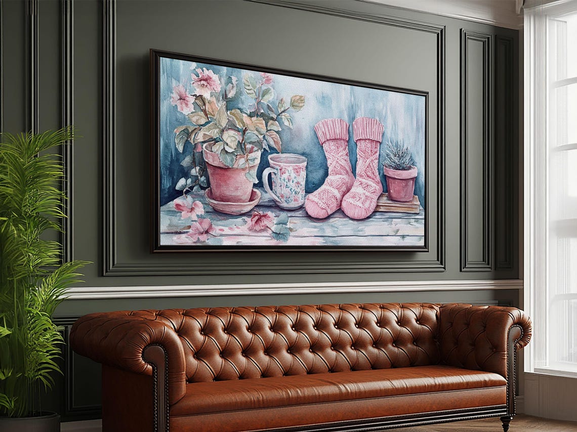 Pink Knitted Socks Potted Plants Tea Mug Cozy Cottage Wall Poster - Image 6