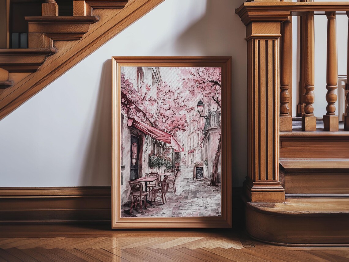 Paris Street Cafe Cherry Blossom Watercolor Print France Travel Poster - Image 2