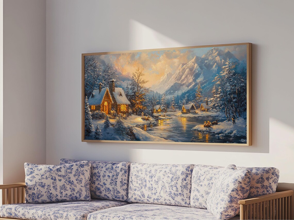 Christmas Village By The Snowy Lake At Dusk Holiday Scene Poster - Image 5