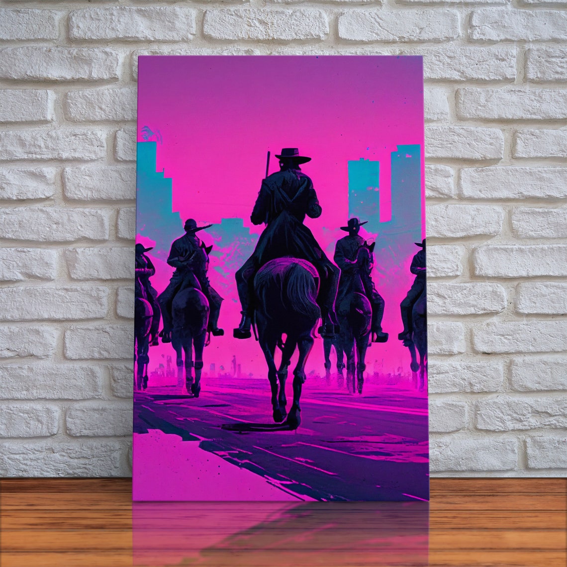 Post Apocalyptic Cowboys Horseback Neon Pink City Skyline Poster - Image 3