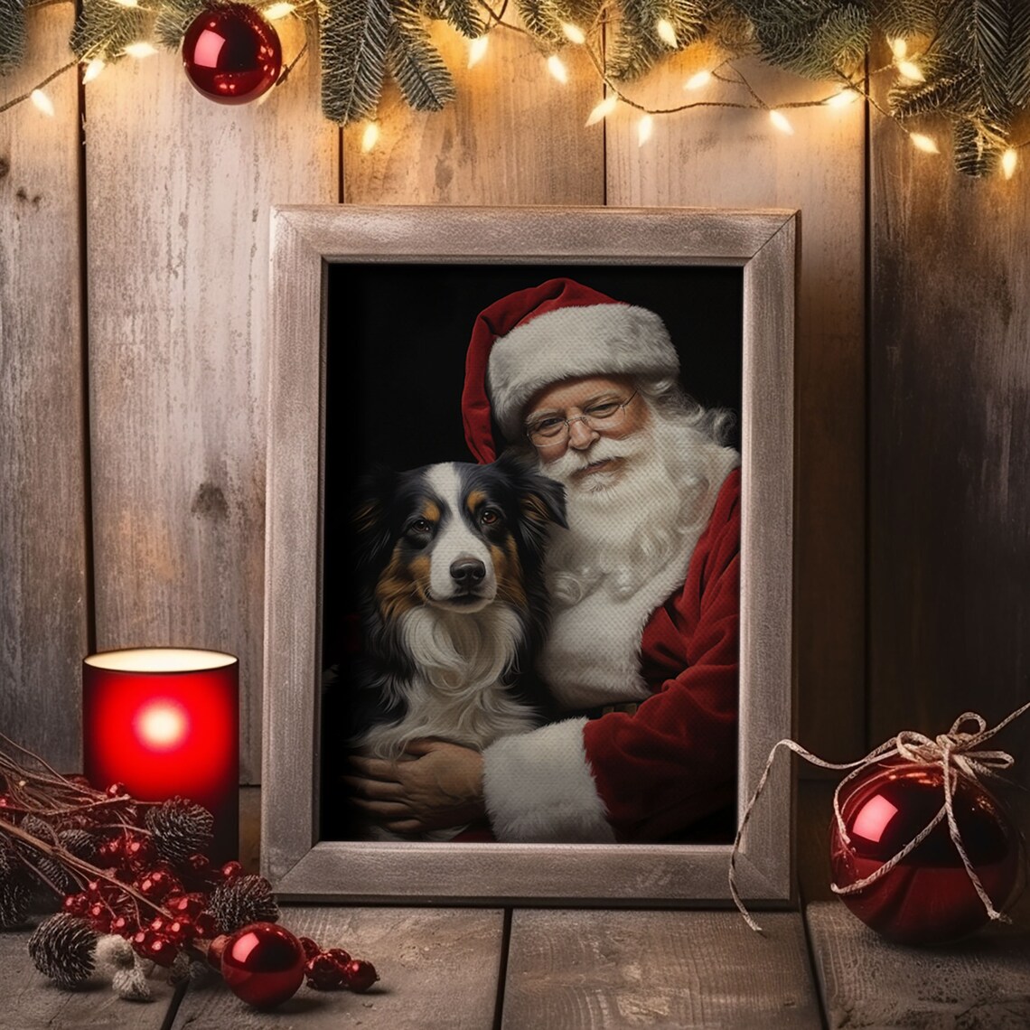 Santa Claus And His Border Collie Christmas Wall Art Dog Gift Christmas Dog Winter Wall Art Santa Decor Santa Art Print Cute Dog