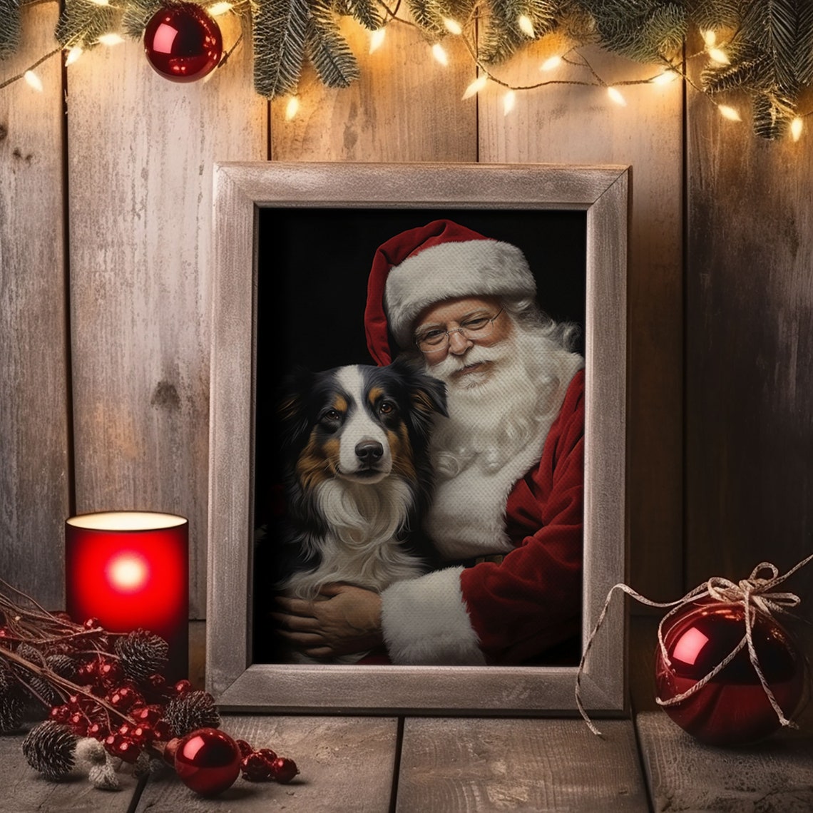 Santa Claus Hugging Australian Shepherd Christmas Dog Poster