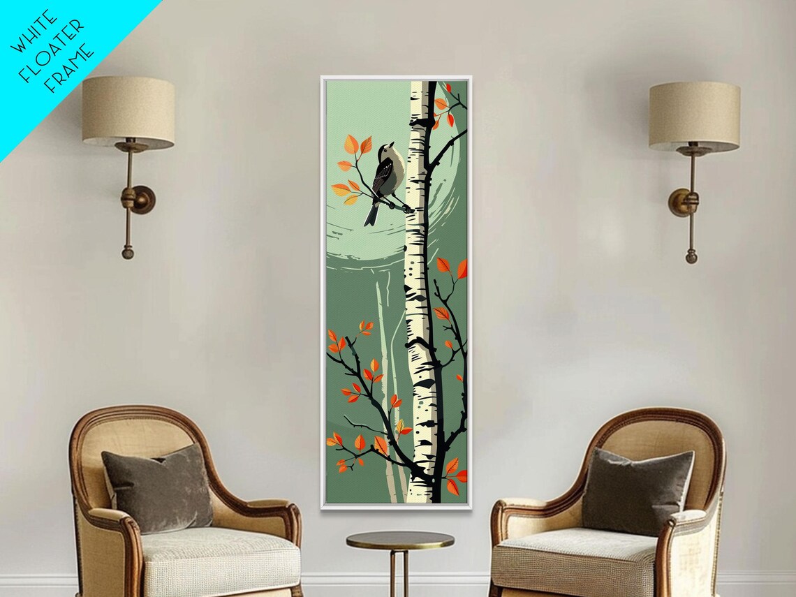 Songbird On Birch Tree Autumn Orange Leaves Vertical Art Print
