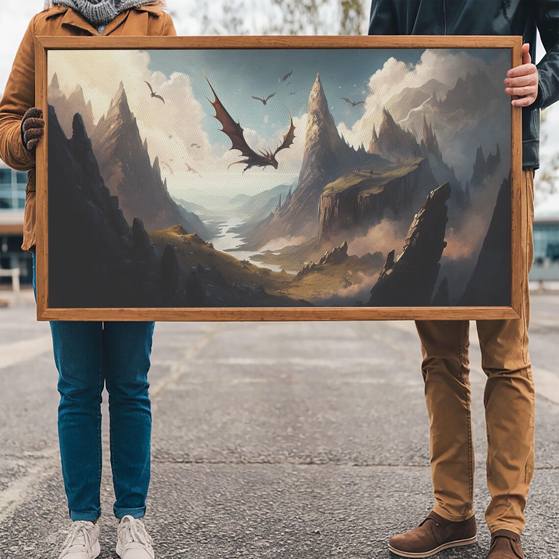Dragons Flying Over Mountain Valley Epic Medieval Fantasy Landscape Poster - Image 3