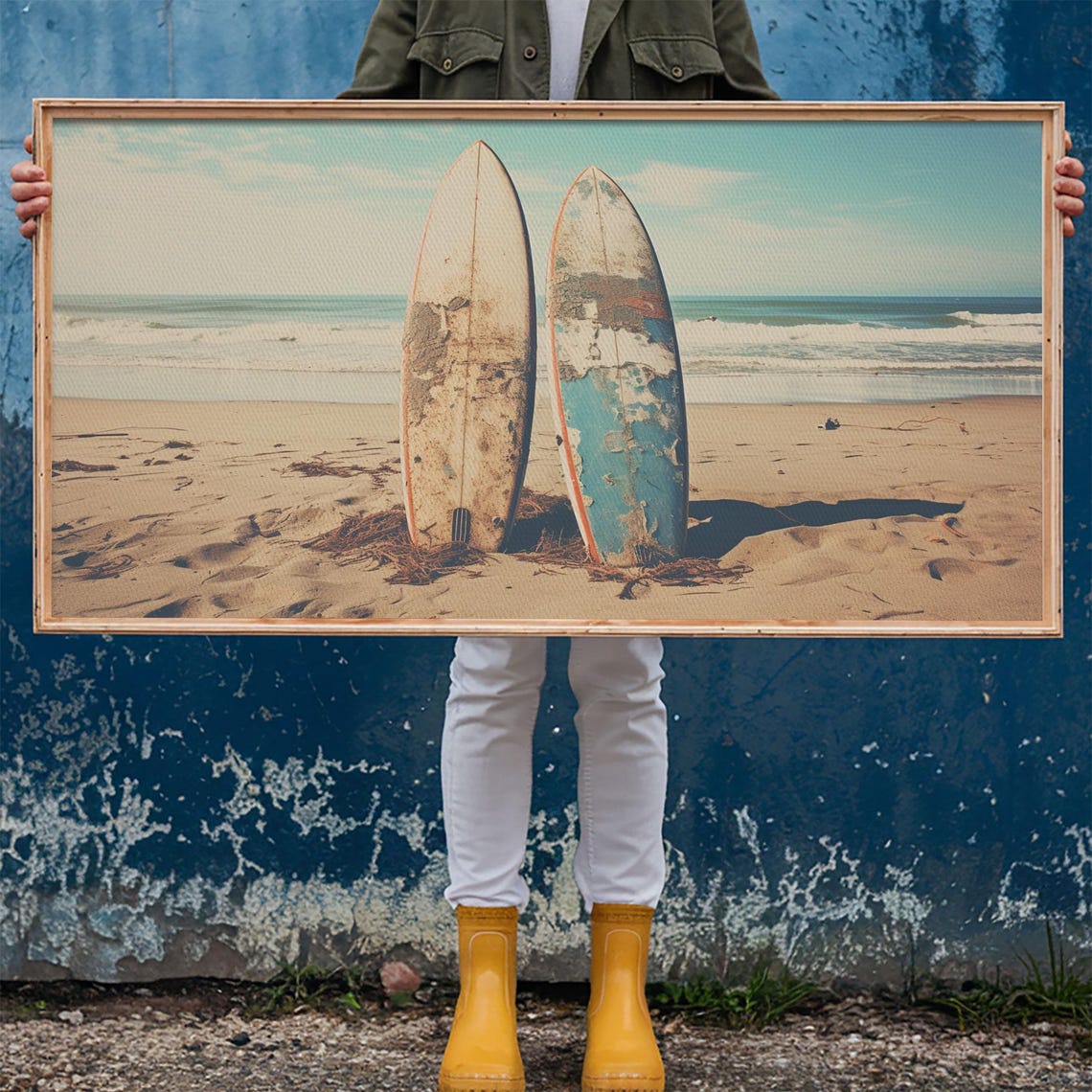 Two Weathered Surfboards Standing In Sand Beach Photo Travel Print