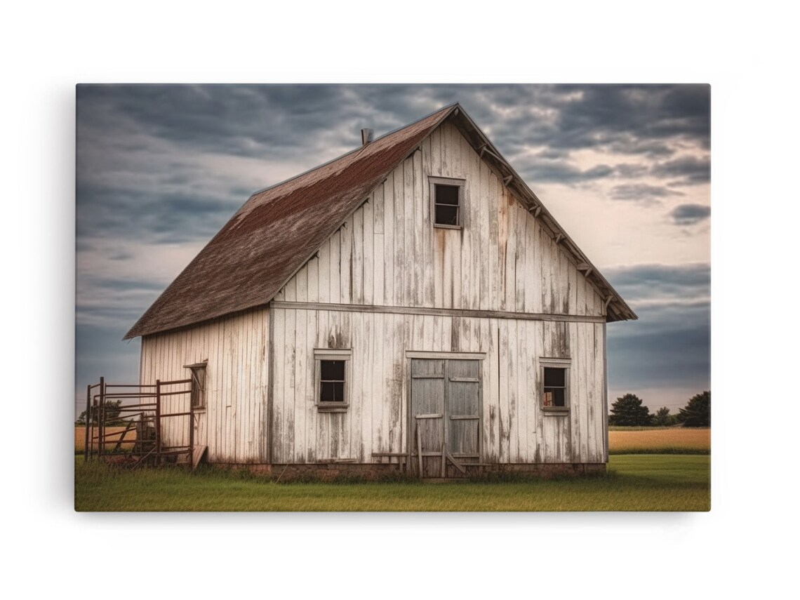 Rustic Farmhouse White Barn Landscape Art Print - Image 6