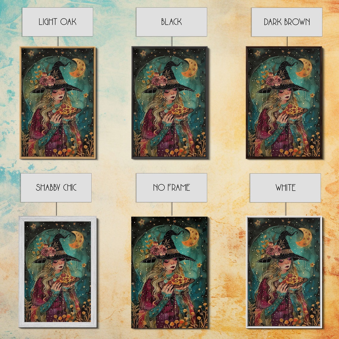 Cute Witch Eating Pizza Moonlit Starry Night Watercolor Art Poster - Image 3