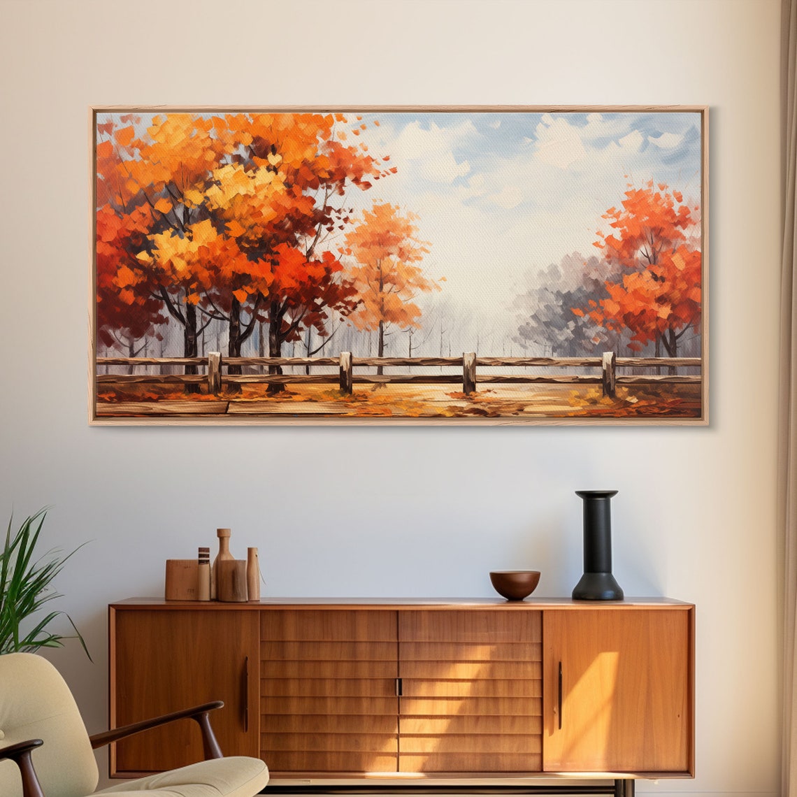Autumn Orange Trees Rustic Wooden Fence Soft Watercolor Poster