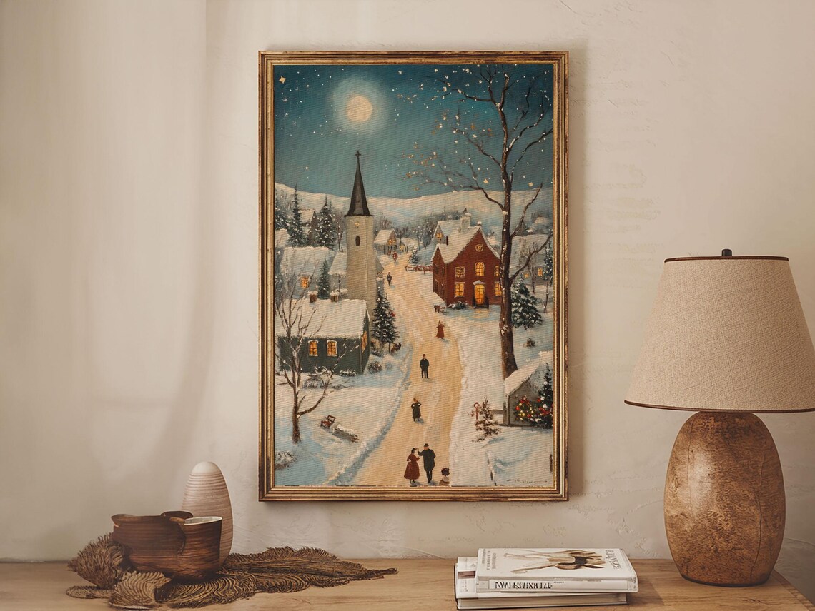 Full Moon Christmas Eve Village Church Snowy Night Painting Poster - Image 6