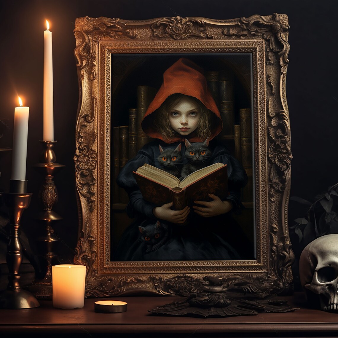 Little Witch and Her Familiars, Gothic Art Print