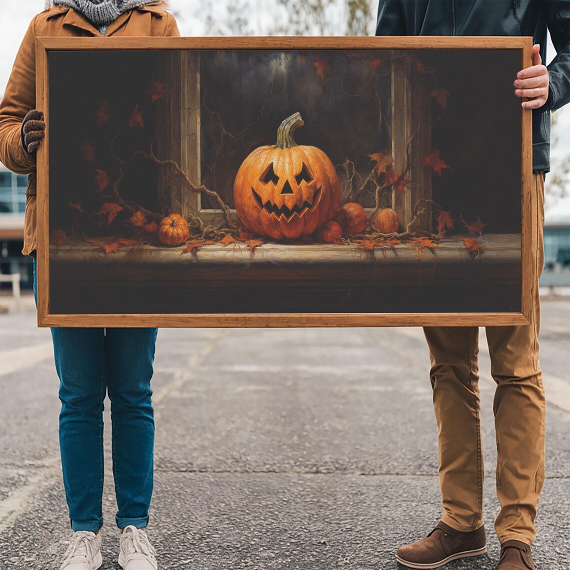 Glowing Jack O Lantern Windowsill Night Vines Spooky Pumpkin Art Poster - Image 3