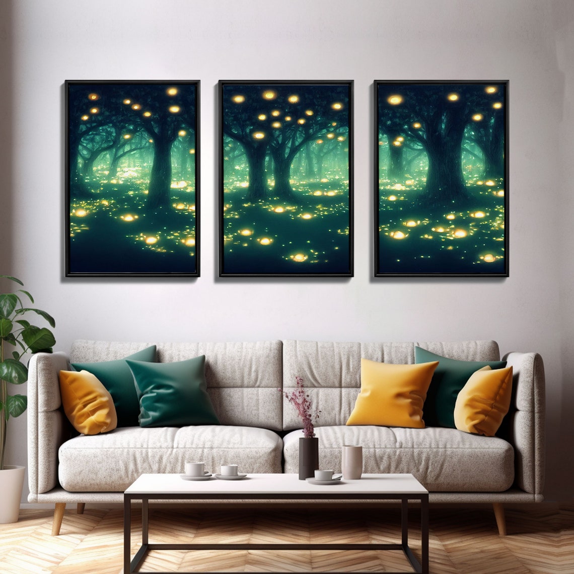 Firefly Forest At Night With Glowing Lights Three Piece Magical Print - Image 3