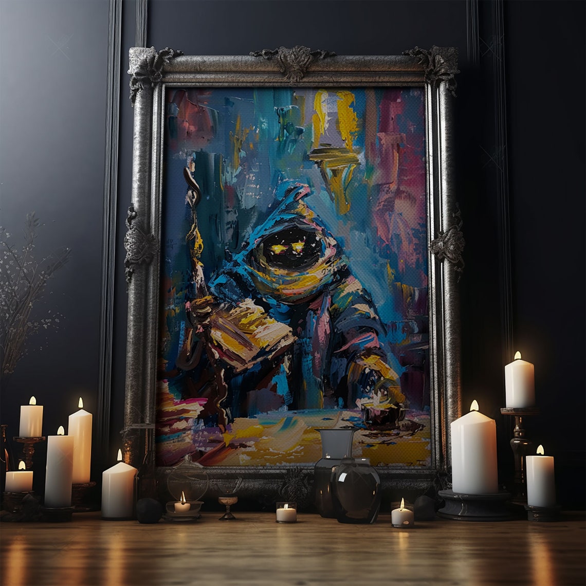 Dark Wizard Reading Spell Book Abstract Colorful Oil Style Art Poster - Image 4