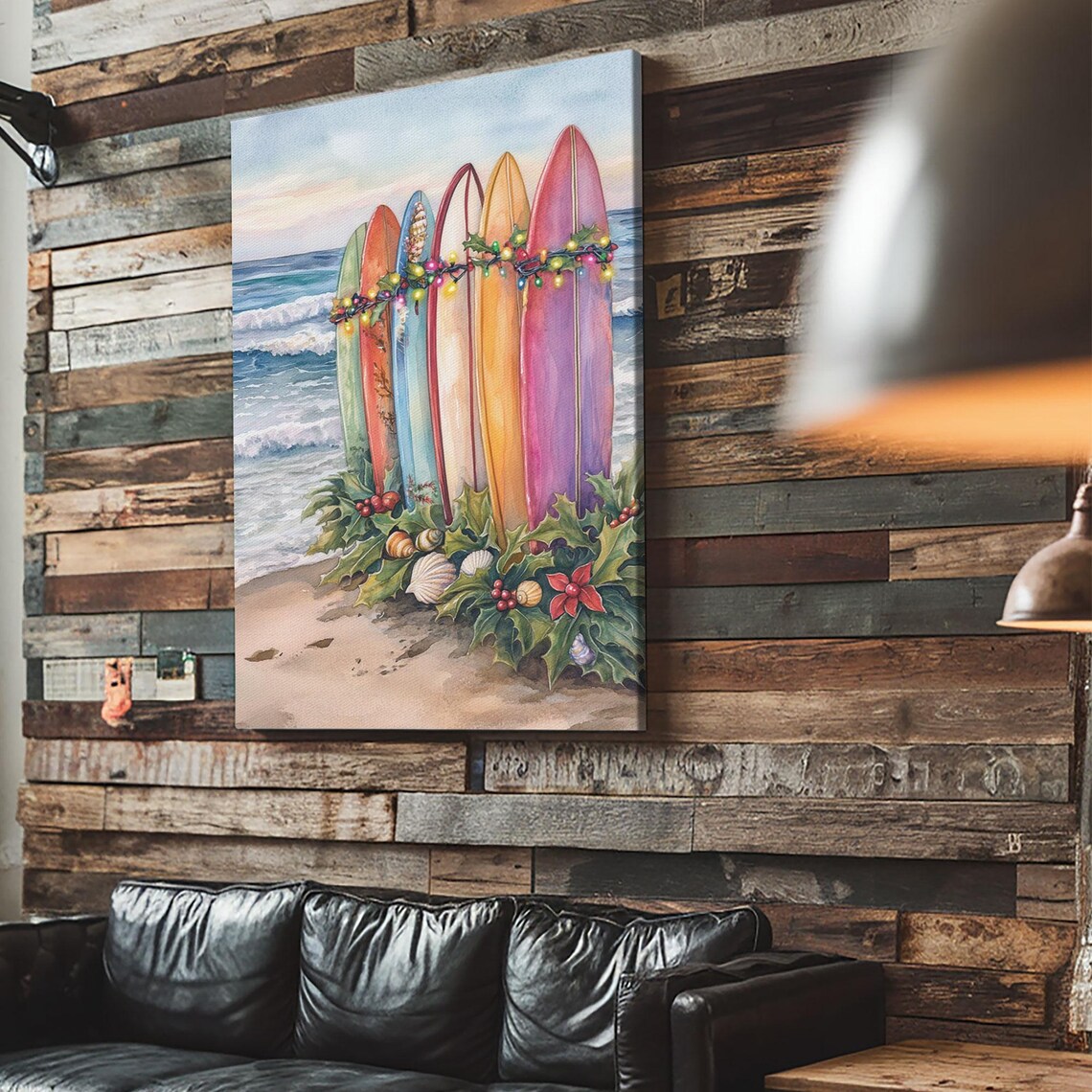 Christmas Surfboard Beach Tropical Holiday Lights Watercolor Wall Art - Image 3