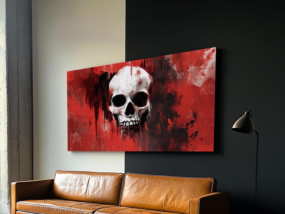 Moody Skull On Red Abstract Dark Grunge Halloween Wall Art Poster - Image 3