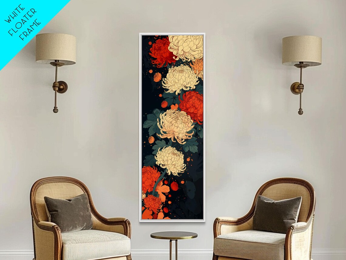 Blooming Chrysanthemums Rich Red Cream Dark Tall Floral Art Print - Image 5