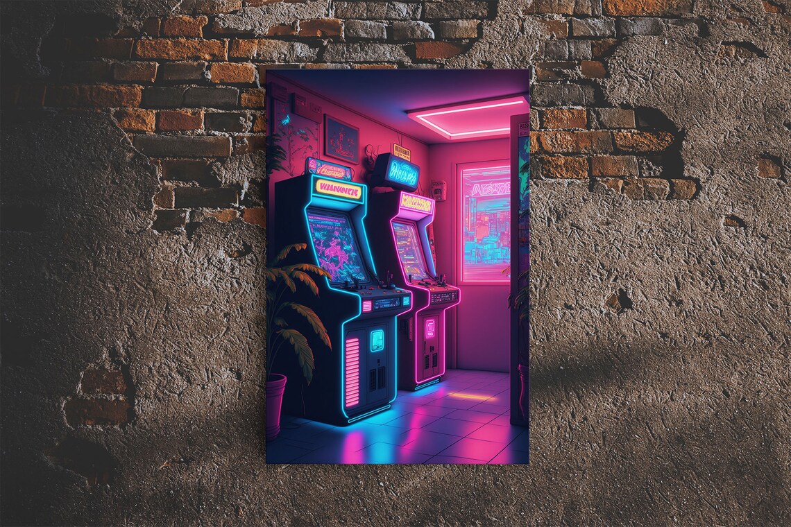 Retrowave Arcade Room Neon Gamer Art, Poster Print