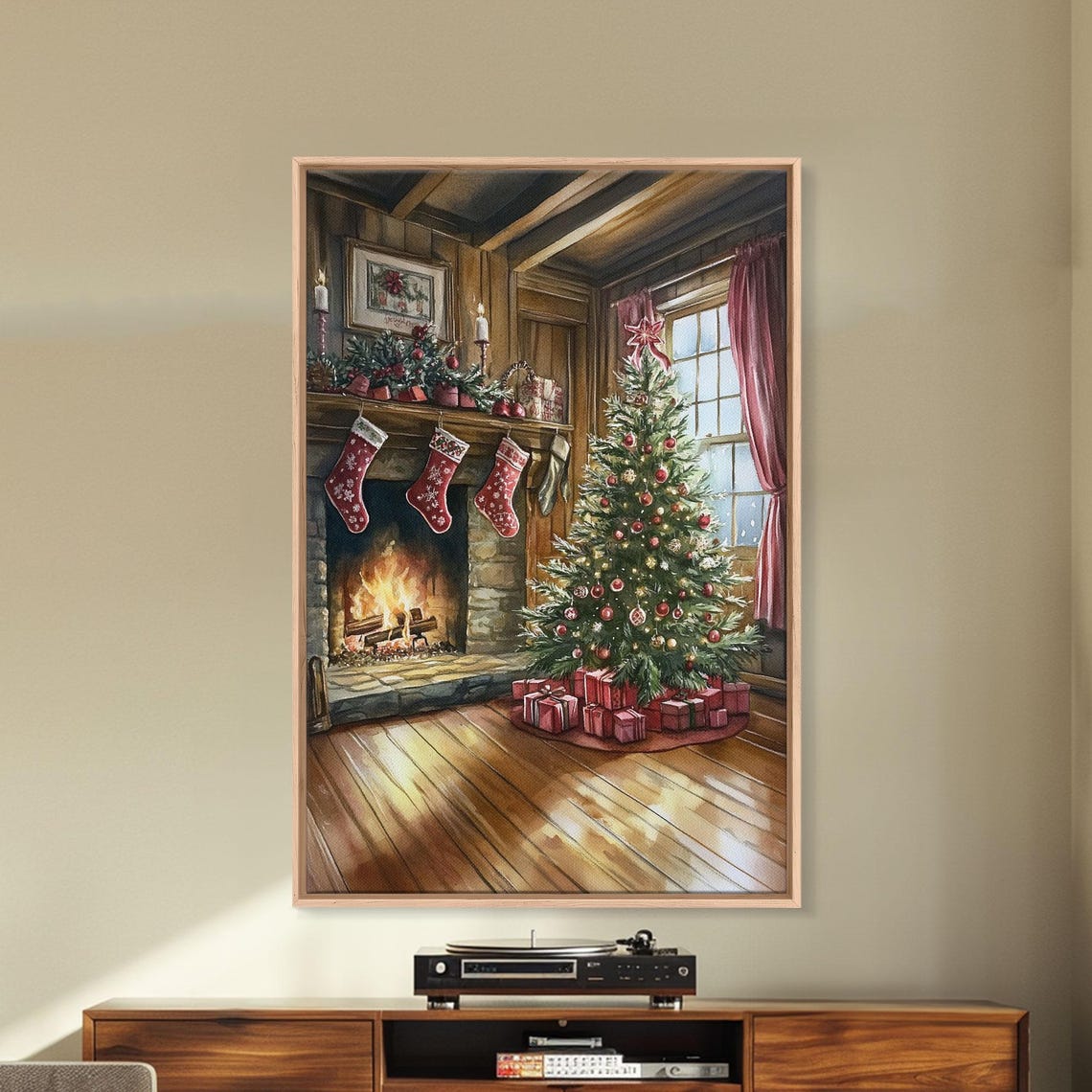 Cozy Farmhouse Christmas Interior With Tree Stockings Fireplace Poster - Image 4