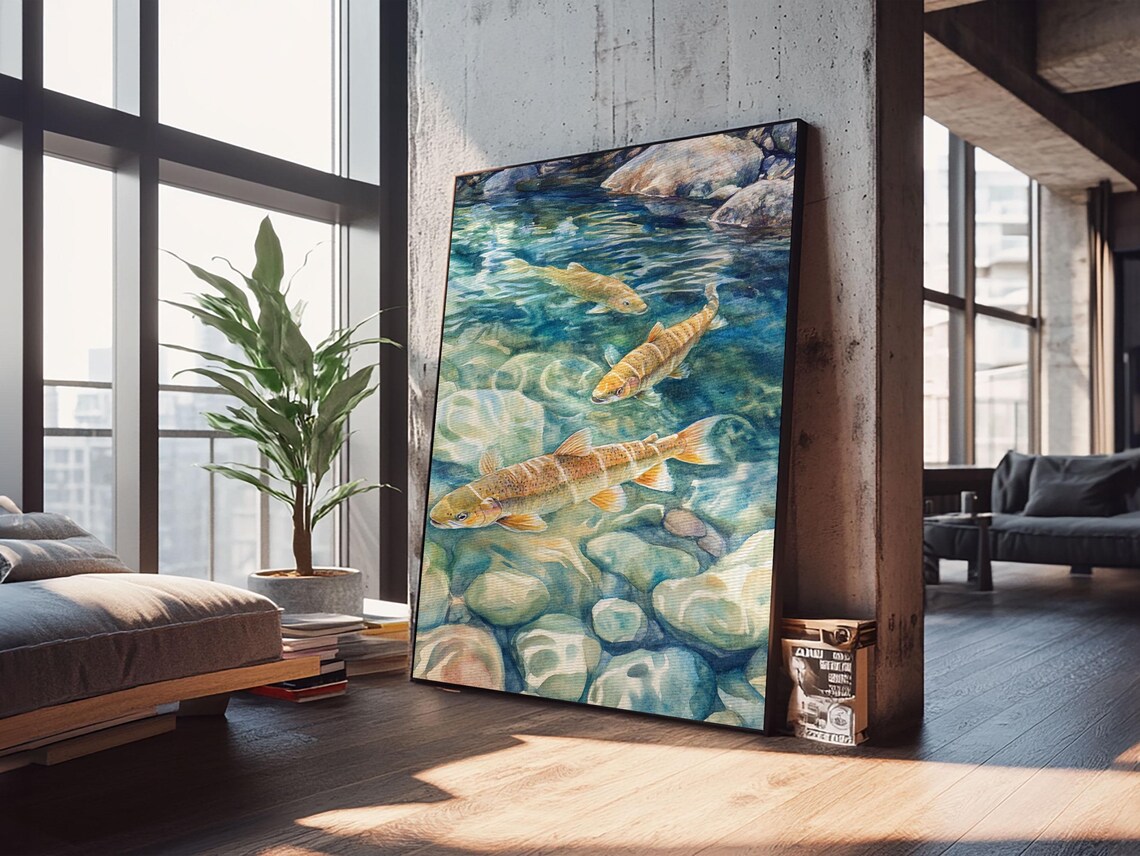 Gentle Swimming Trout Rustic Living Room Art Print - Image 5