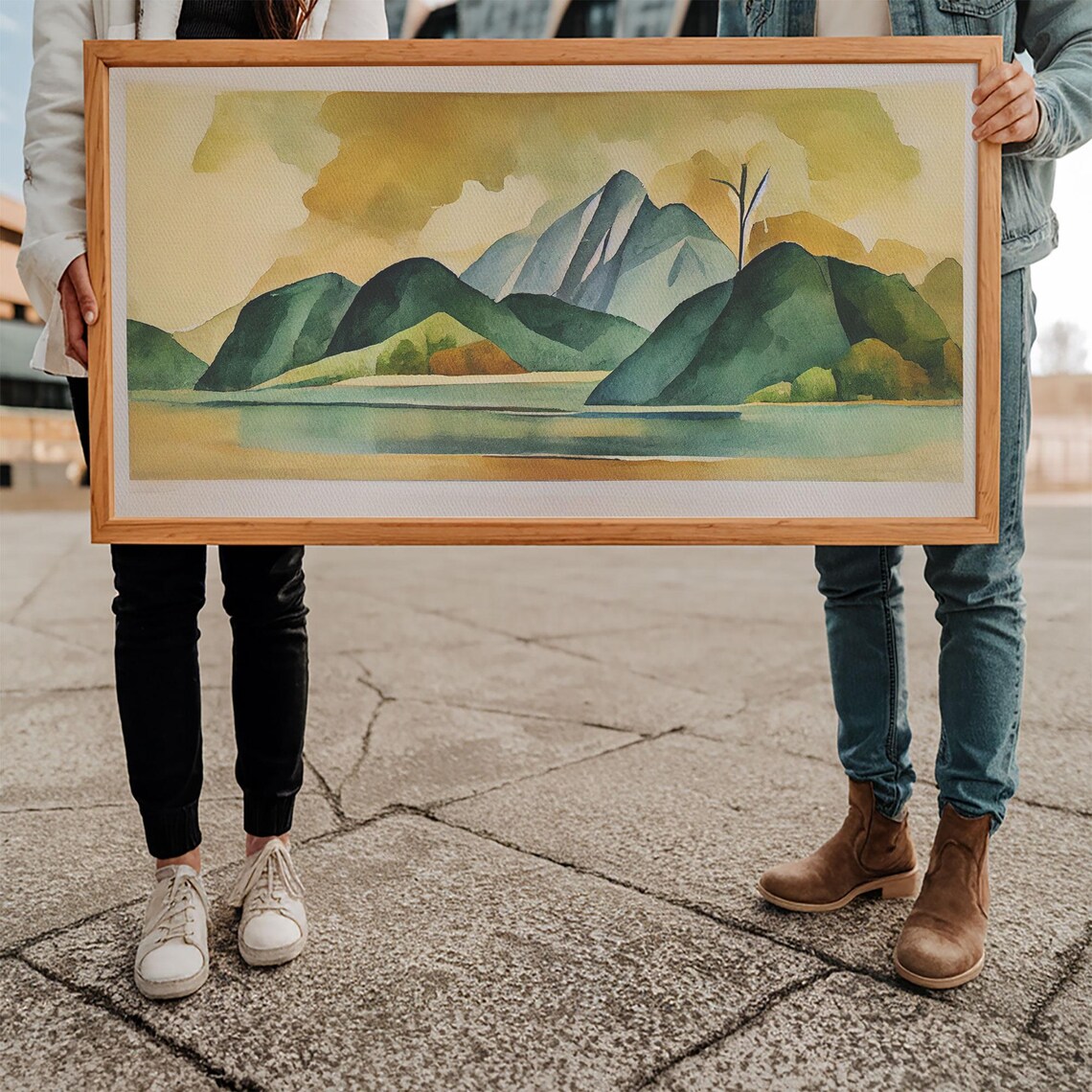 Green Watercolor Abstract Mountain Lake Landscape Modern Wall Poster - Image 5
