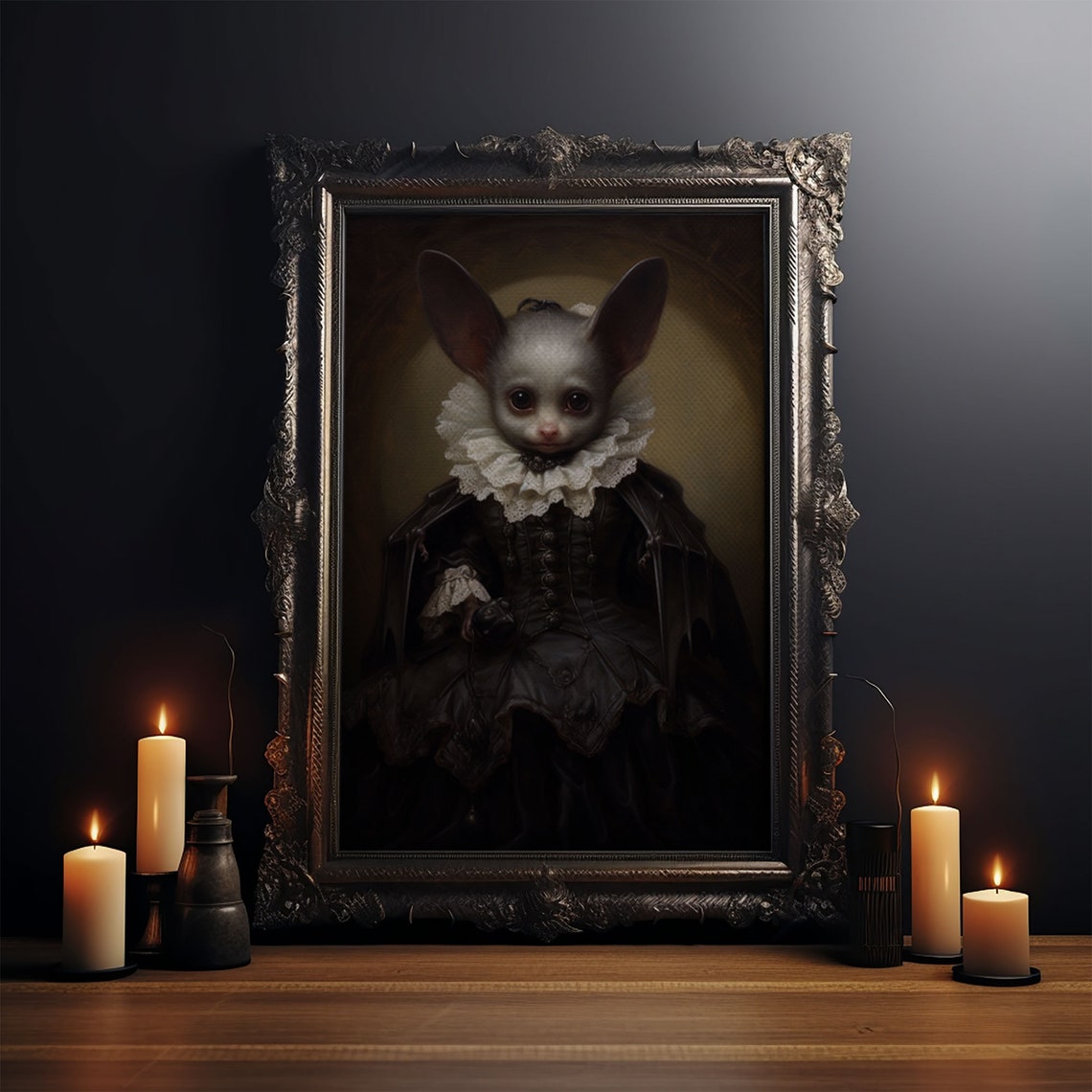 Cute Vampire Bat In Victorian Dress With Lace Collar Halloween Print - Image 3