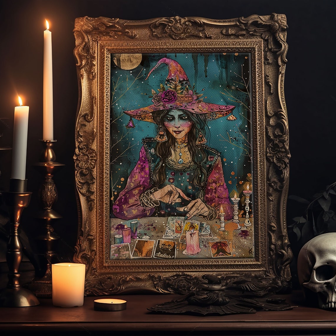 Witch Fortune Teller Tarot Cards Pink Hat Halloween Art Poster - Image 6