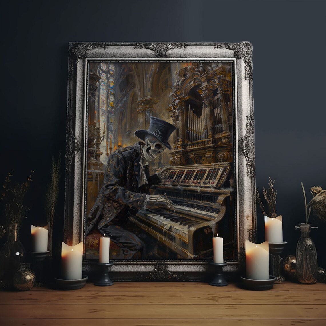 Skeleton Organist Gothic Cathedral Haunted Church Musician Art Poster