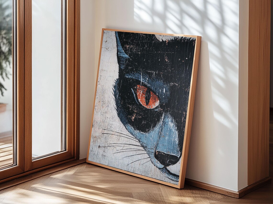 Black Cat Closeup Portrait Orange Eye Vintage Distressed Wabi Sabi Poster - Image 5