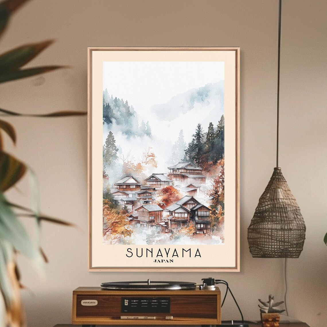 Sunayama Japan Misty Mountain Village Autumn Foliage Watercolor Poster - Image 3