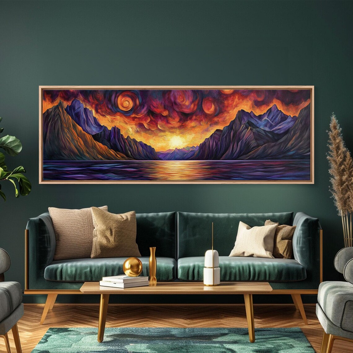 Fiery Sunset Over Dark Fjord Mountains Swirling Sky Fantasy Poster - Image 3