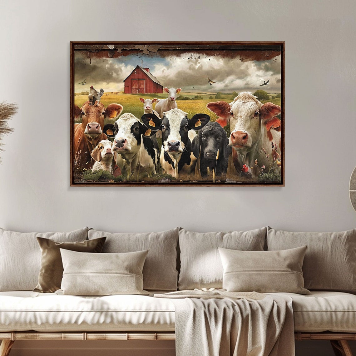 Cute Cow Herd Red Barn Farm Animal Faces Rustic Countryside Wall Art - Image 3