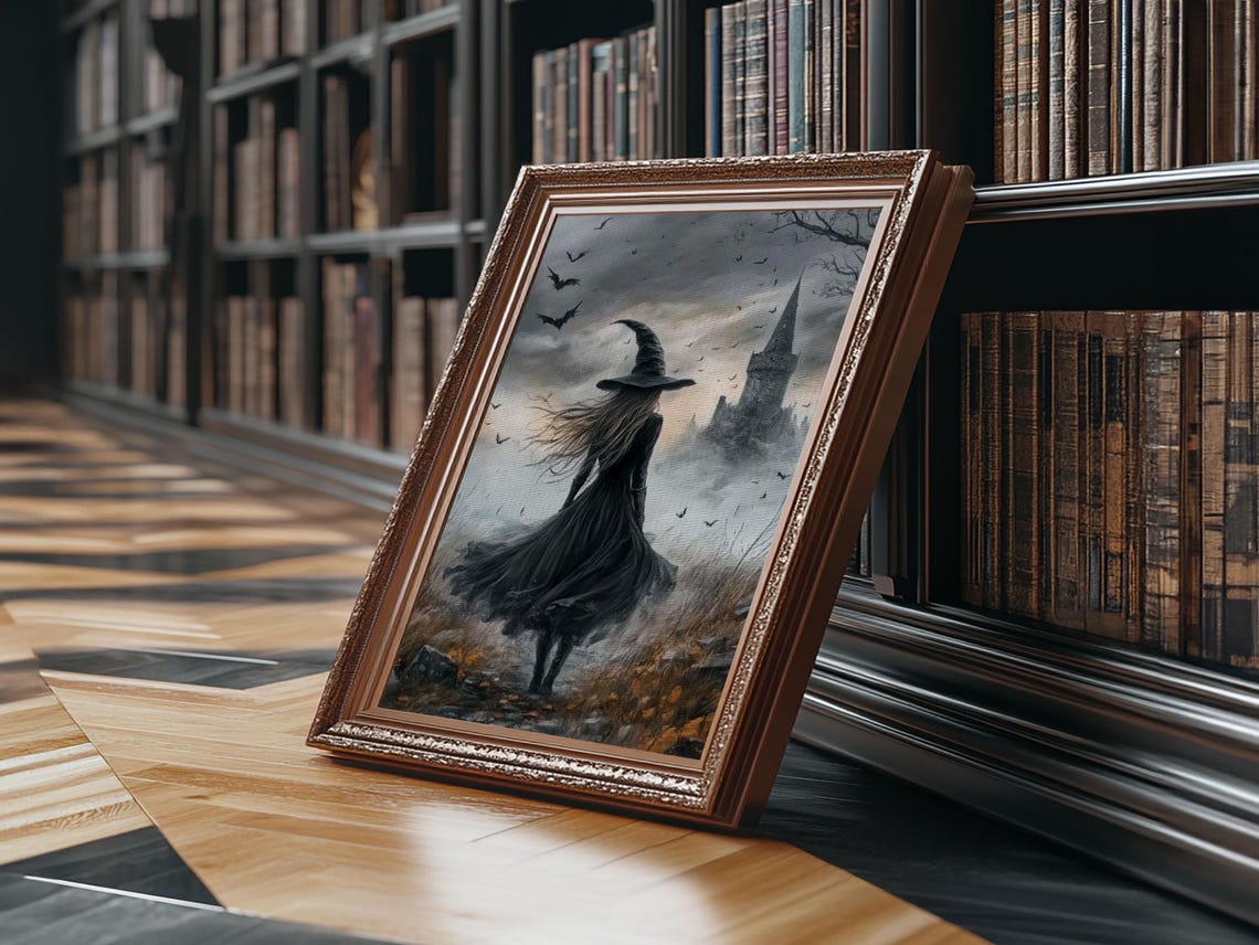 Gothic Witch Walking To Misty Castle Bats Dark Academia Art Print - Image 2