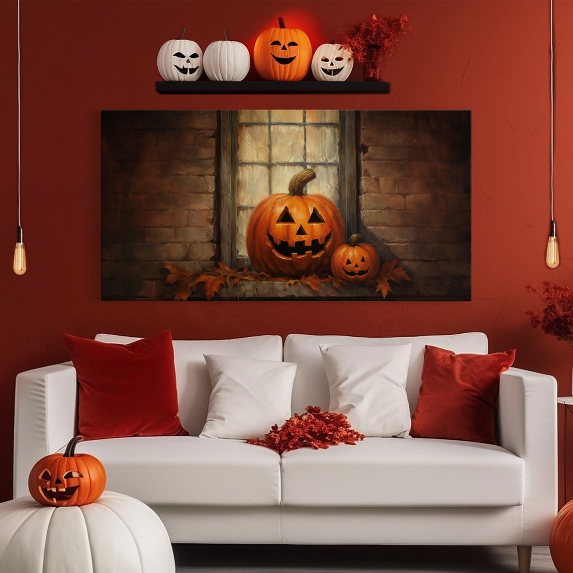 Jack O Lanterns On Old Window Sill With Autumn Leaves Poster