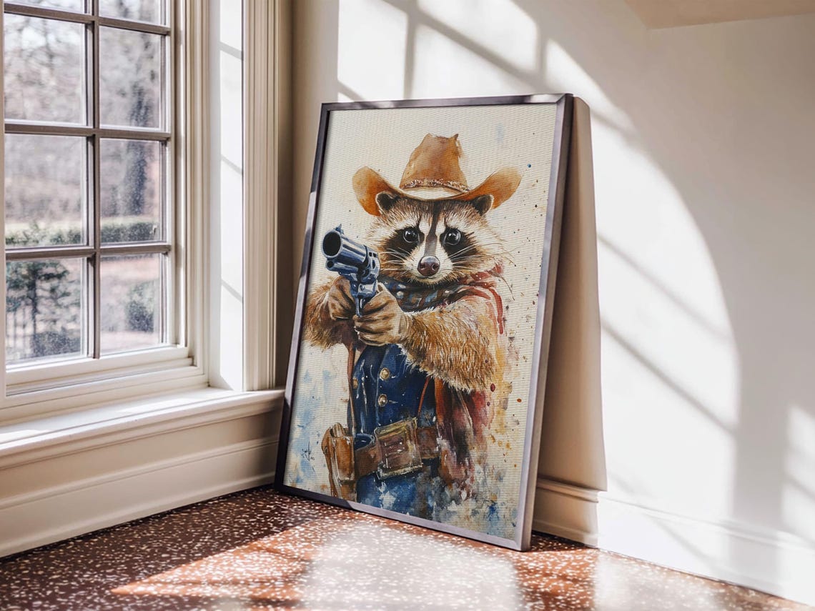 Rootin Tootin Racoon Cowboy Framed Print Ready To Hang Racoon Painting - Image 5