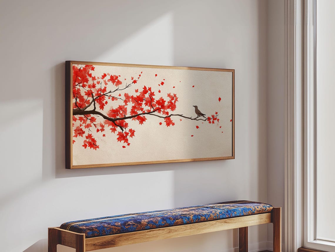 Red Maple Branch with Songbird Minimalist Autumn Fall Leaves Art Print