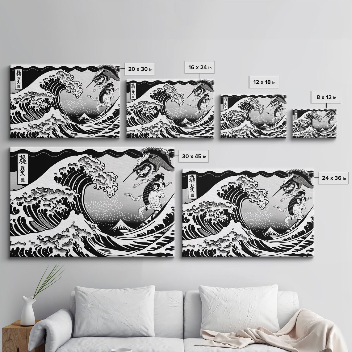 Great Wave Dragon Black White Japanese Woodblock Style Ocean Art Poster - Image 2