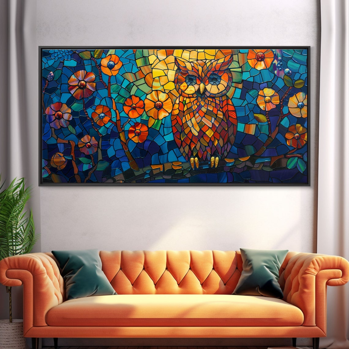 Stained Glass Owl Orange Branch Mosaic Blue Night Blooms Art Poster - Image 5