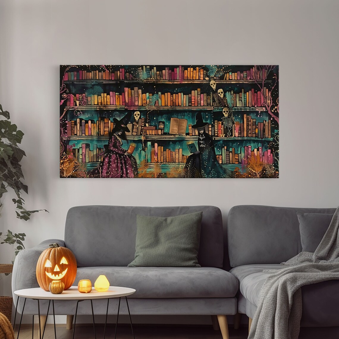 Witch Library Two Witches Colorful Bookshelves Skulls Spooky Halloween Print - Image 4