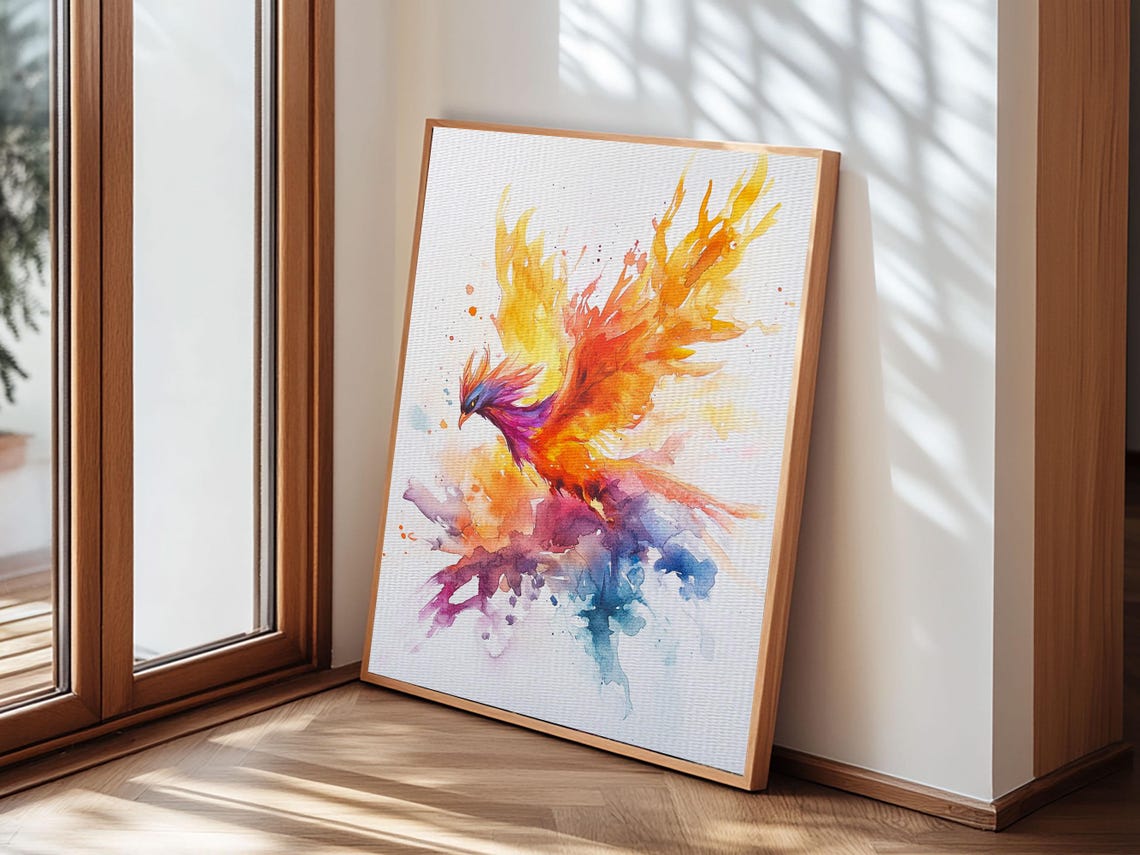 Fire Phoenix Rising Watercolor Fantasy Bird Rebirth Art Print