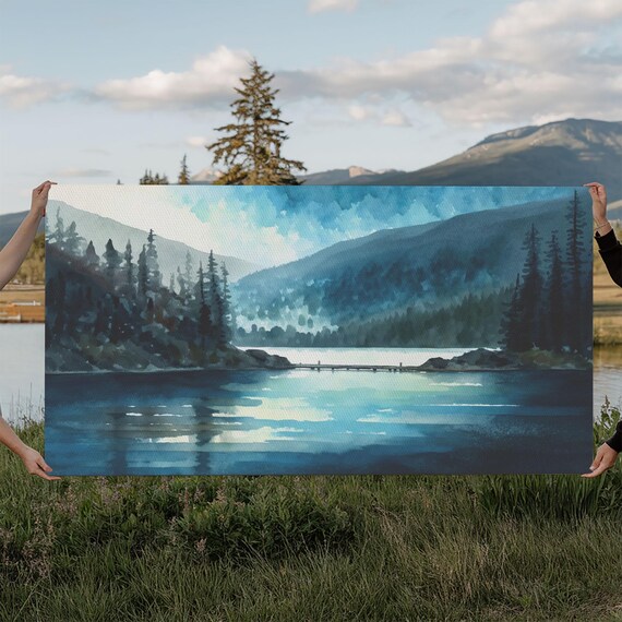 Mountain Lake Watercolor Landscape Painting Print Ready To Hang Large Gallery Wrapped Wall Art Prints With Floating Frames