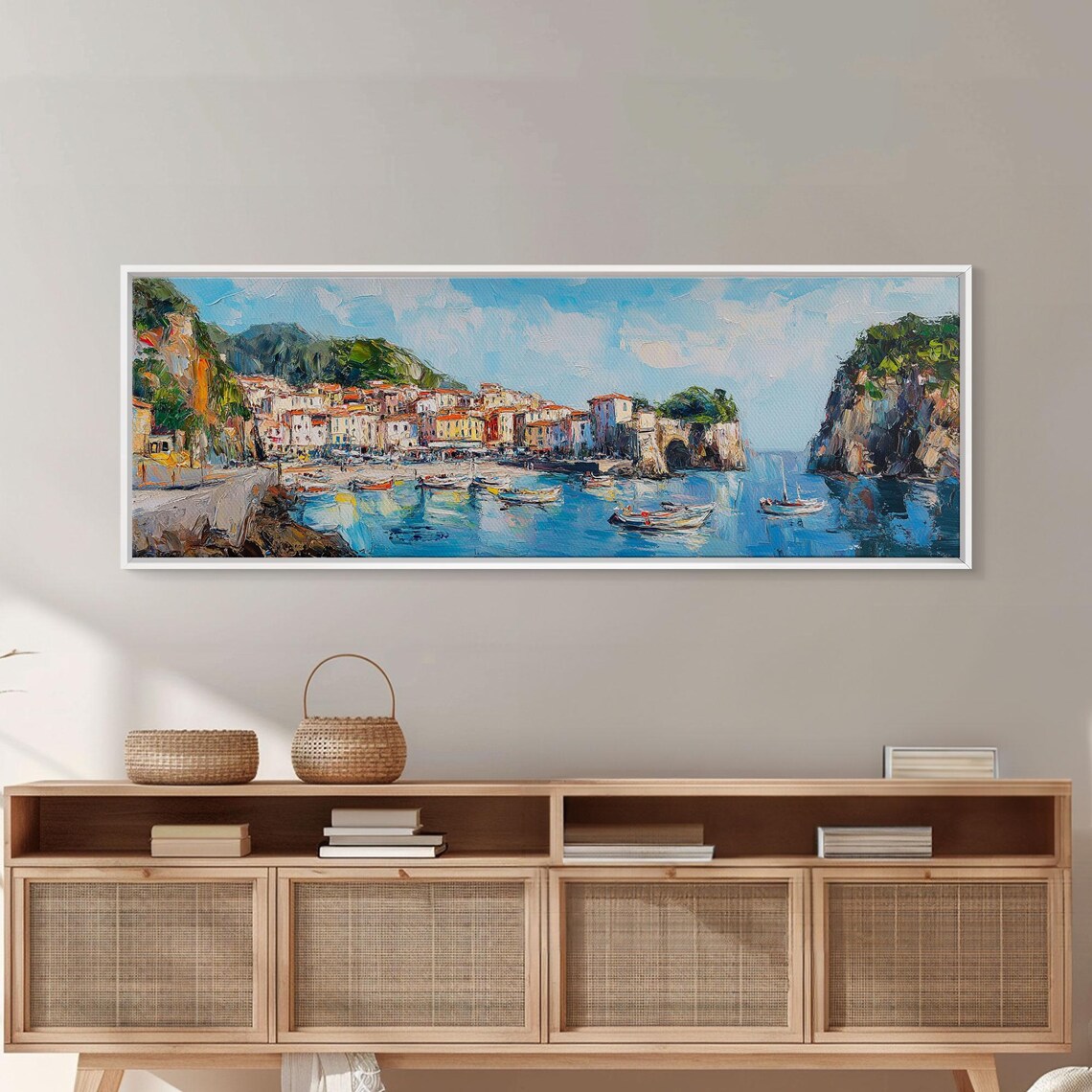 Italian Fishing Village Cliffs Boats Bright Coastal Harbor Art Poster - Image 5