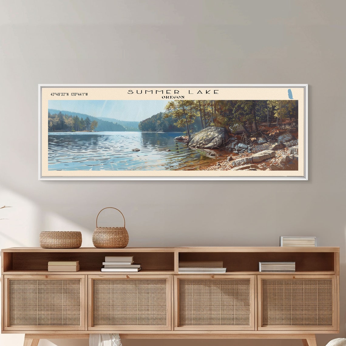 Summer Lake Oregon Sunny Rocky Shoreline Pine Forest Travel Poster - Image 4