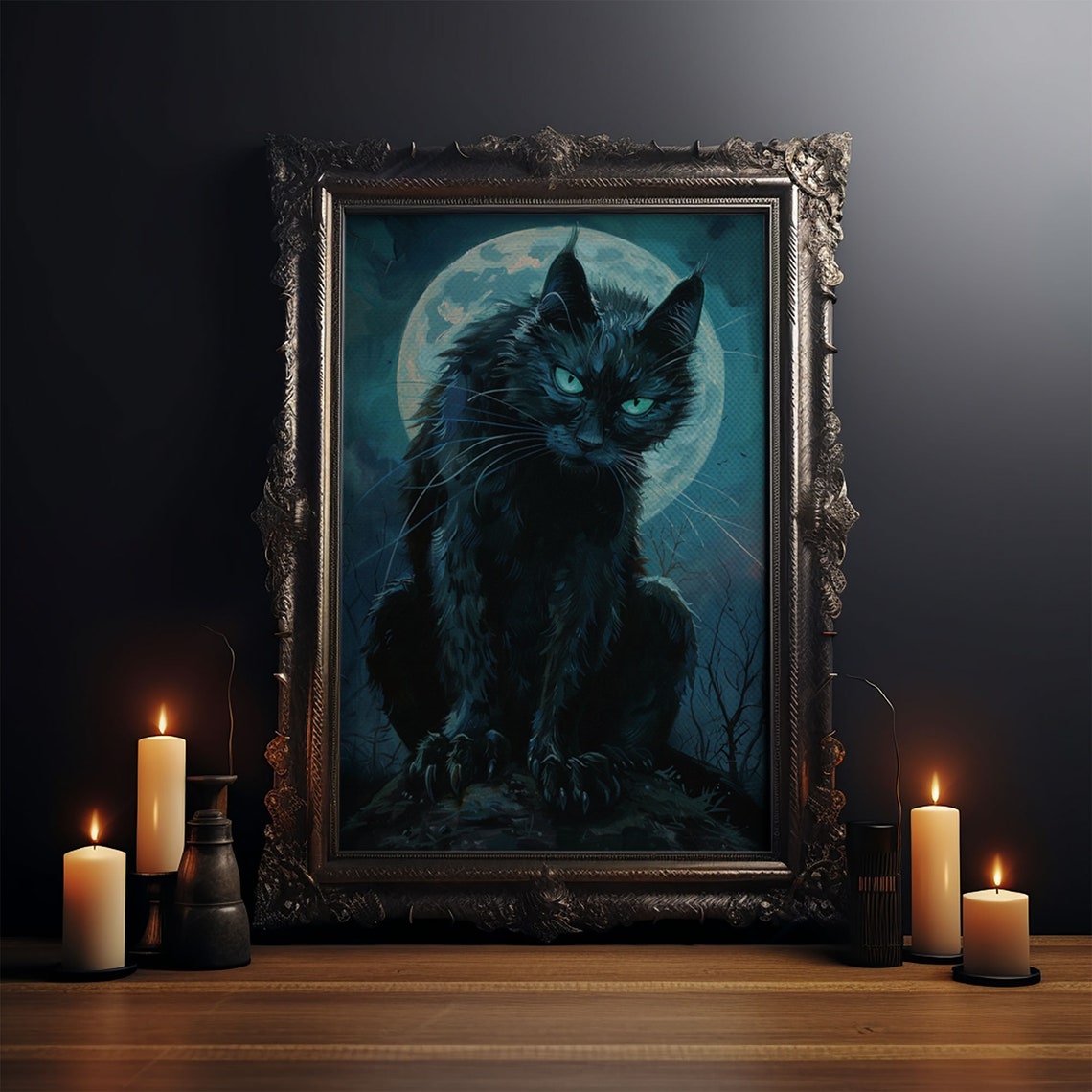 Black Cat With Green Eyes Against Full Moon Spooky Halloween Print - Image 4