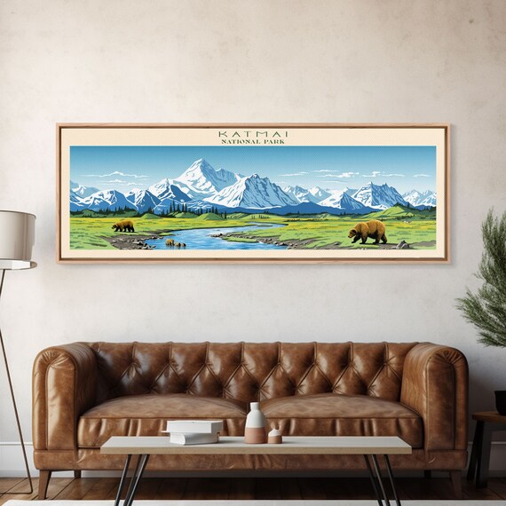 Katmai National Park Alaska Brown Bears River Mountain Travel Poster