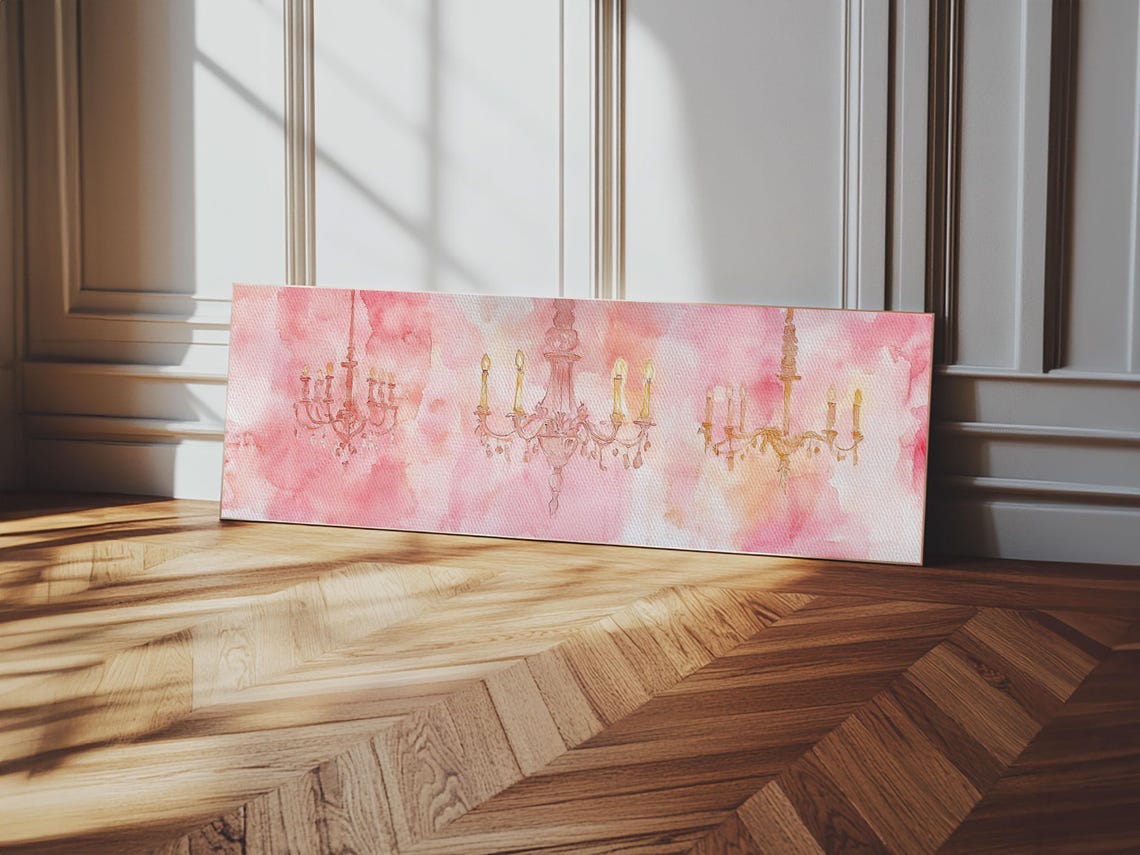 Pink Watercolor Chandeliers Trio Romantic Horizontal Wall Art Poster